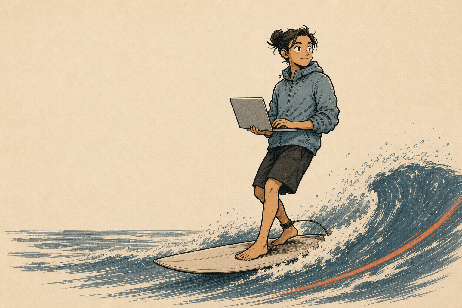 Dylan Long working on a laptop while surfing