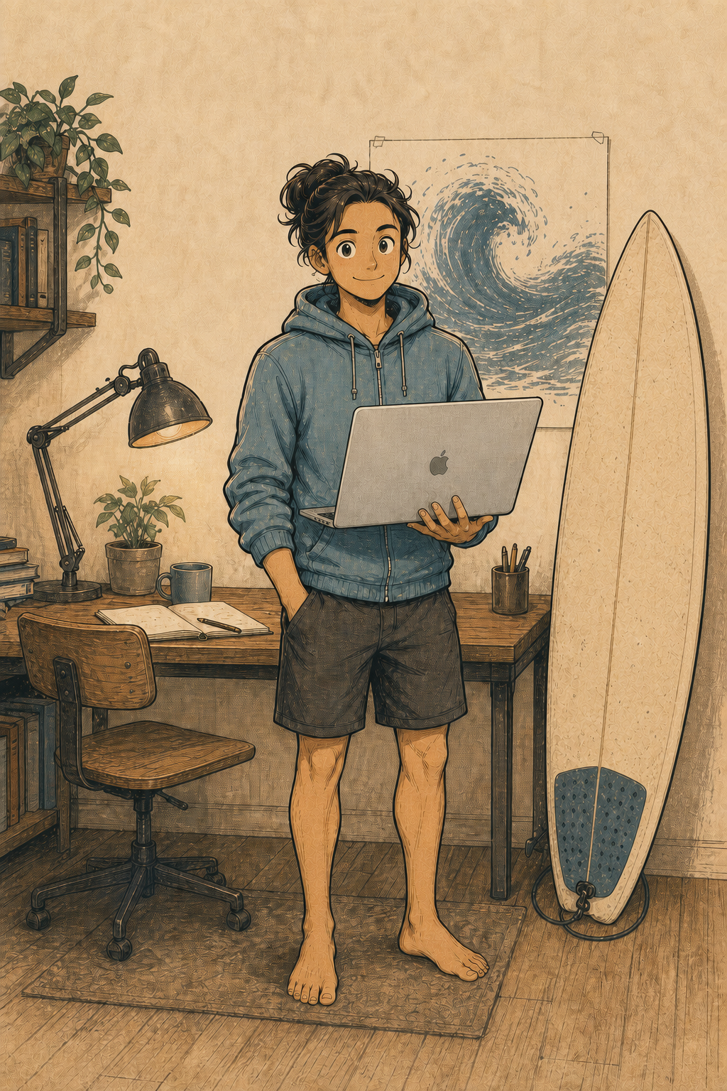 DylanLong standing in a workspace with a surfboard and Mac laptop